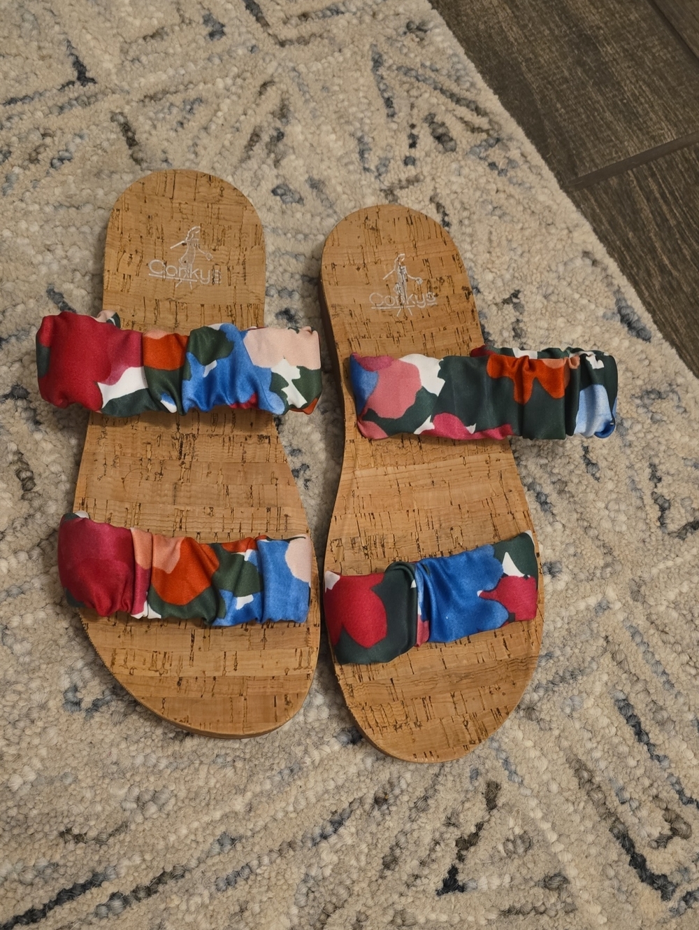 Corkys Womens Floral Multicolor Cork Slide Sandals